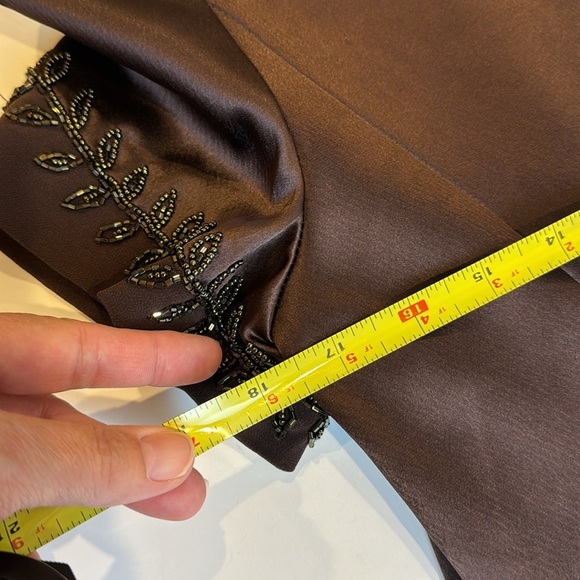 Vintage Oleg Cassini Black Tie Brown Satin Beaded Short Sleeve Dress Sz 12 - Picture 9 of 17